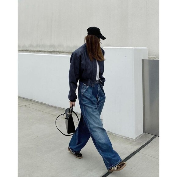 Women Dark Blue Faux Leather Cropped Bomber Jacket Baseball Collar Zip Up - Picture 4 of 6